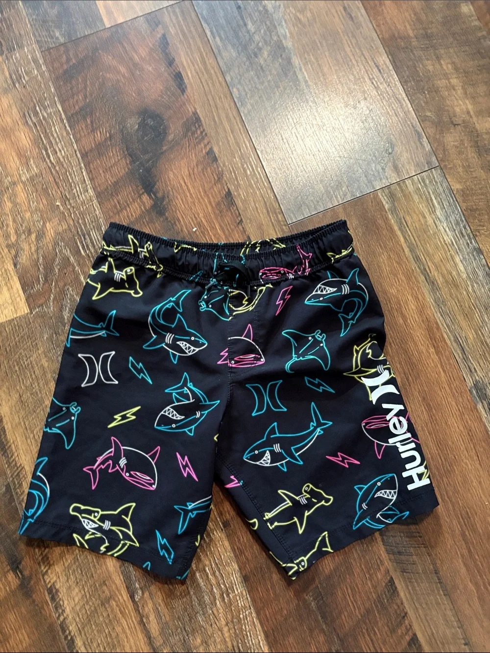 Boys size 5/6 Hurley Black Swim Shorts with Neon Shark Print